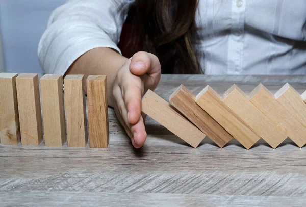 Woman Hand Stop Wooden Blocks Protect Other Wooden Block Concept — Stock Photo, Image