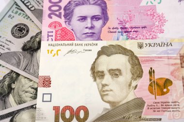 Dolarlar arasında 200 ve 100 Hryvnias. Enflasyon kavramı, ekonomik kriz. Yakın plan. Para arkaplanı.