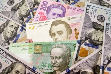 Dolarlar arasında 100, 200, 20 hryvnias. Enflasyon konsepti, ekonomik kriz. Yakın plan. Para geçmişi. Doların arka planına karşı Hryvnia 'nın büyümesi.