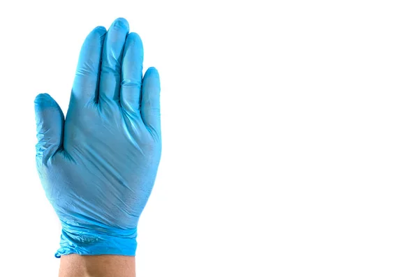 Ręka Niebieskiej Rękawicy Odizolowana Białym Tle Odbiór Miejsce Tekst — Zdjęcie stockowe