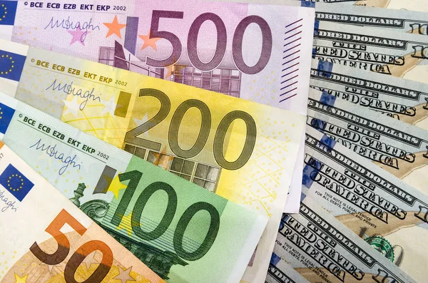 Euro Und Dollar Schließen Auf Geld Hintergrund — Stockfoto