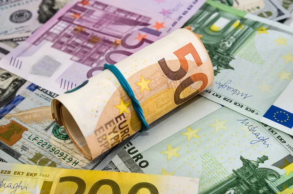 Euro Vridet Till Rulle Bakgrund Eurosedlar Pengar Bakgrund — Stockfoto