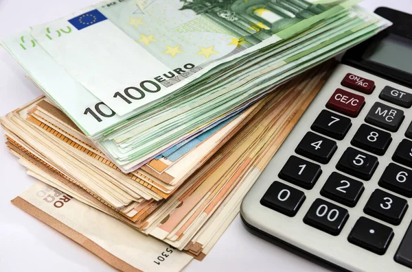 Euro Stos Kalkulator Koncepcja Biznesu Dużo Banknotów Obraz Stockowy