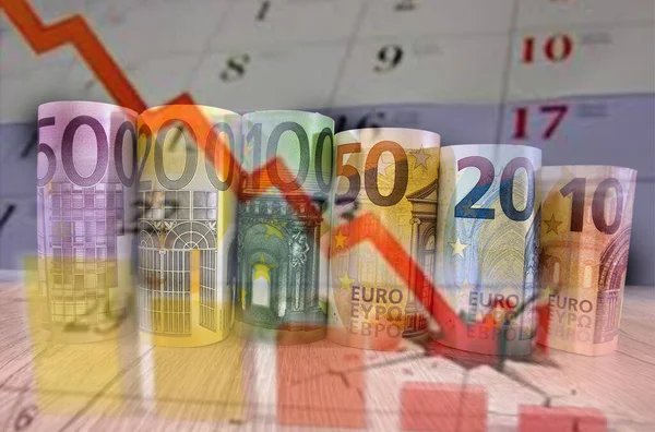 concept of the fall of the economy. The economic crisis. Euro on the background of business charts. Digital editing.