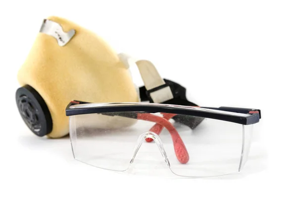 Respirador Médico Máscara Óculos Segurança Fundo Branco Meio Proteção Contra — Fotografia de Stock