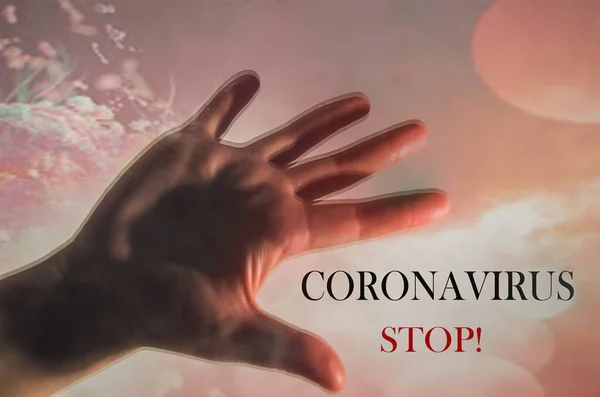 Hand Toont Stop Coronavirus Dramatische Achtergrond Zonder Focus Digitale Bewerking — Stockfoto