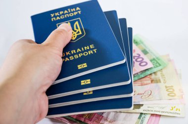 Hryvnia 'nın arka planına karşı Ukrayna pasaportları. Yakın plan..