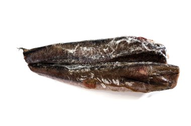 Donmuş hake balığı beyaz arkaplanda izole.