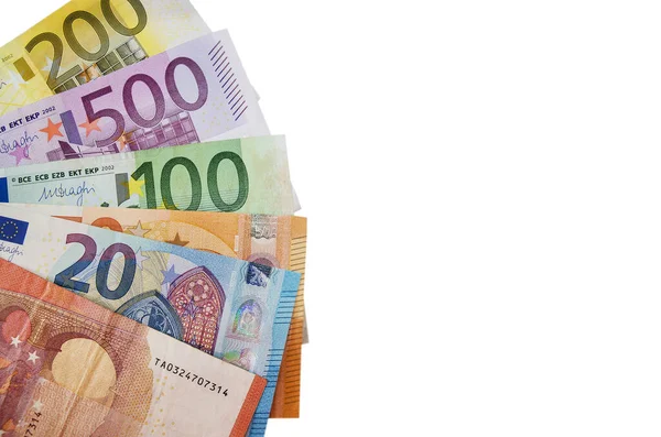 Olika Eurosedlar Isolerade Mot Vit Bakgrund Uppfattat Utrymme Ort För — Stockfoto