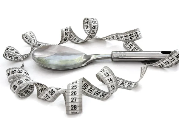 Measuring Tape Iron Spoon Isolated White Background Concept Weight Loss — Stock Photo, Image