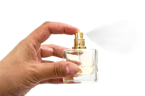 Ženská Ruka Bere Nebo Dává Sklenici Parfémované Vody Izolované Bílém — Stock fotografie