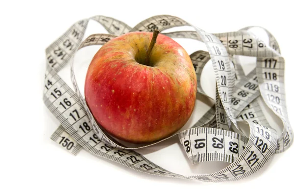 Диетическая Концепция Красным Яблоком Измерительной Лентой Здоровое Питание — стоковое фото