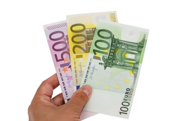 100 200 Och 500 Euro Hand Isolerad Vit Bakgrund — Stockfoto