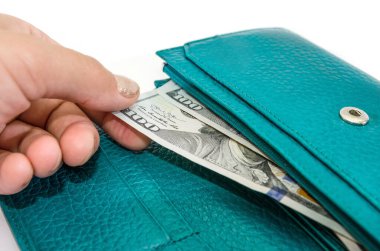 El yeşil bir cüzdandan 100 dolarlık banknot çıkardı. Yakın plan..