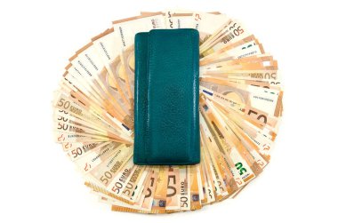 Avro banknotları üzerinde kadın cüzdanı. Yukarıdan görüntüle.