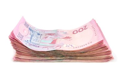 200 Hryvnia 'lı yığın beyaz arka planda izole edilmiş. Yakın plan. Bir sürü Ukrayna parası....