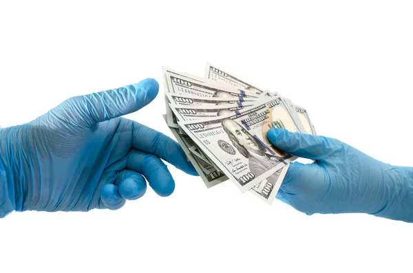 Hands Sterile Medical Gloves Concept Theme Corruption Medicine Giving Bribe — Stock Photo, Image