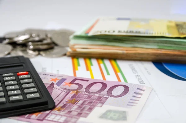 Європейські Банкноти Калькулятором Монетами Задньому Плані Ділових Карт Концепція Бізнесу — стокове фото