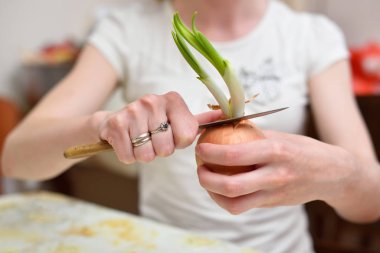 Bir kadın soğanla yeşil bir alayı kesiyor.
