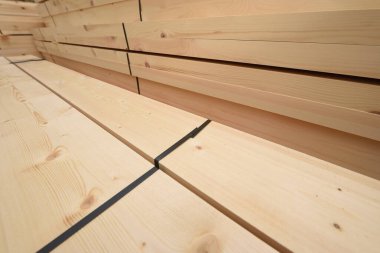 Ormanlı bir depoda birçok katlanmış tahta parçası var.