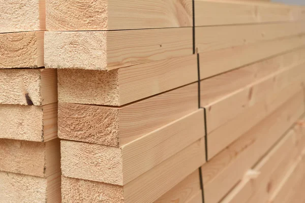Muchos tablones de madera plegados en un almacén con un bosque — Foto de Stock