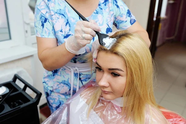 The hairdresser uses a brush to apply the dye to the hair, for d — 스톡 사진