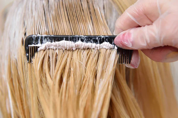 The hairdresser smears the paint on his hair with a comb, for co