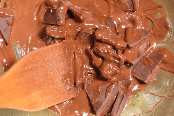 The process of heating the chocolate so that it becomes melted. Melted chocolate. Close-up