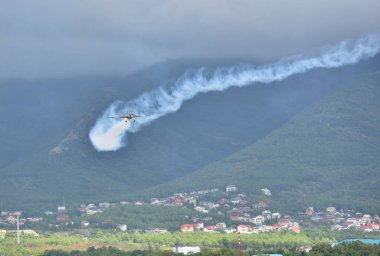 Hafif piston uçakları bir hava gösterisi sırasında bulutlu güzel bir gökyüzünde uçar.