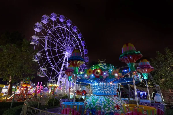 Parc Attractions Nuit Avec Une Roue Ferris Des Carrousels — Photo