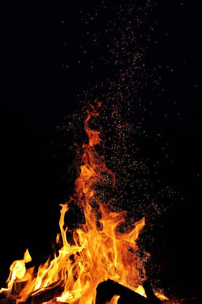 Flame Burning Fire Sparks Night Black Background — Stock Photo, Image