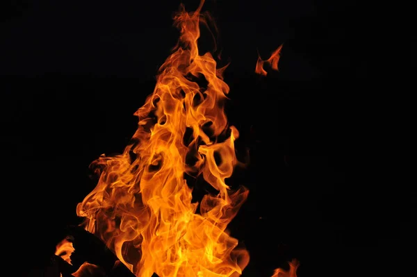 Μια Όμορφη Φλόγα Μιας Φλεγόμενης Φωτιάς Ξύλο Μαύρο Φόντο — Φωτογραφία Αρχείου