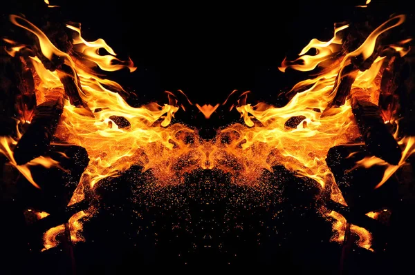 Abstraction, burning fire with sparks. Mystical type of butterfly or cat head. Close-up