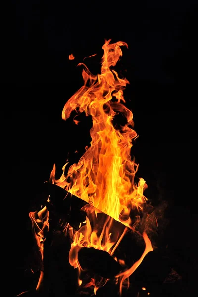 Beautiful Flame Burning Fire Wood Black Background — Stock Photo, Image