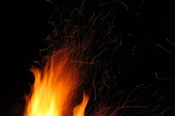 Flame Burning Fire Sparks Night Black Background — Stock Photo, Image