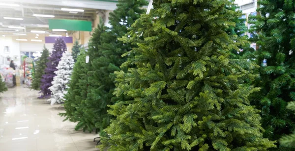 Verkauf Vieler Künstlicher Weihnachtsbäume Grün Lila Und Weiß Einem Dekorationsgeschäft — Stockfoto