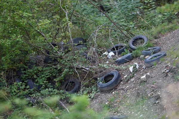 Pollution of nature with old car tires. Environmental problem with pollution
