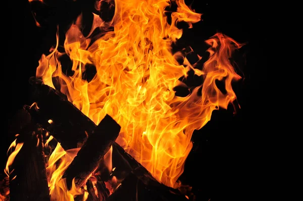 Beautiful Flame Burning Fire Wood Black Background — Stock Photo, Image