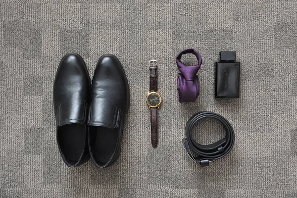 Male accessories - shoes, watch, tie, belt, perfume.