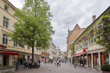 Baden Baden, Almanya - 24 Nisan 2019: Avrupa 'da Wisteria duvarı olan güzel Lange sokağı ve evi. Langestrasse, Baden Baden