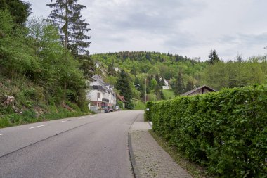 Schwarzwald, Almanya - 25 Nisan 2019: Schwarzwald ormanı boyunca Avrupa yolu ve şirin bir Alman köyü