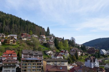 Almanya 'da bir yamaçta şirin bir köy, ormanın arka planında apartmanlar.