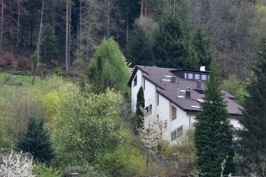 Bir Alman köyünde ormanın arka planına karşı bir tepe üzerine inşa edilmiş güzel bir ev.