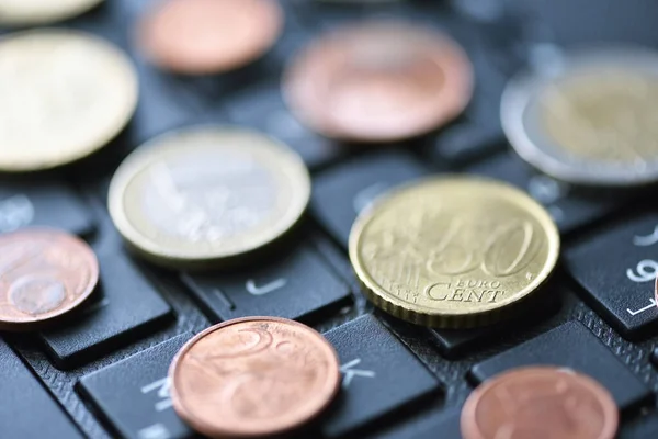 Euro Coins Lie Laptop Keyboard Black Close Symbol Working Internet — 스톡 사진