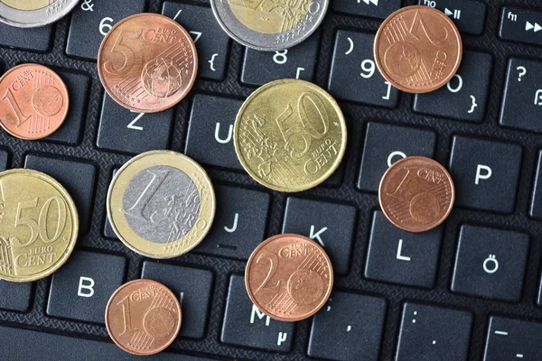 Euro Coins Lie Laptop Keyboard Black Close Symbol Working Internet — 스톡 사진