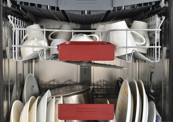 Dishwasher in the kitchen loaded with dirty dishes for washing