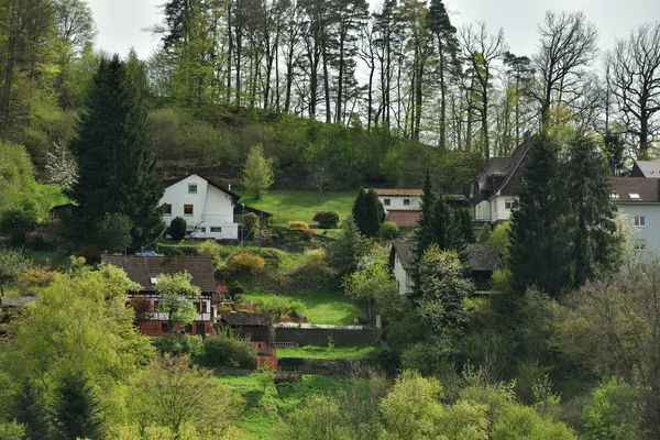 Edificios residenciales en una ladera frente a un bosque en un pueblo alemán. — Foto de Stock