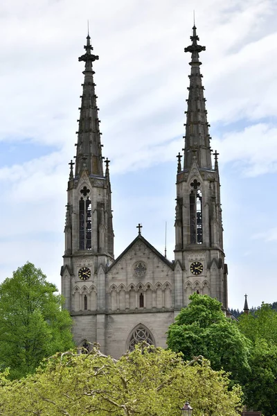 Beautiful Tall Towers Evangelical Church Europe Sky — 스톡 사진