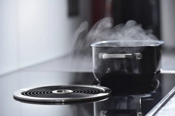 Electric induction cooker with built-in ventilation and extractor hood which draws steam from boiling water in a pan