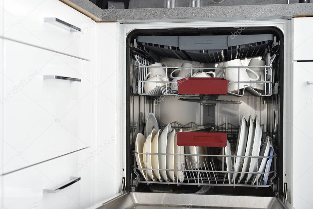 Dishwasher in the kitchen loaded with dirty dishes for washing